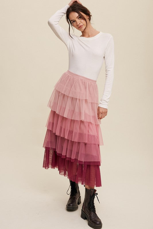 Gradient Style Tiered Mesh Maxi Skirt