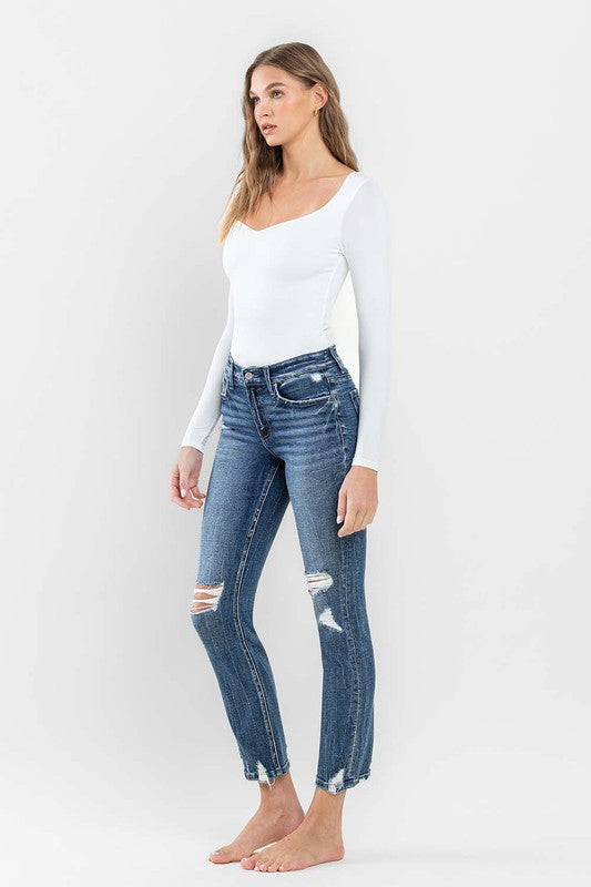 Mid Rise Distressed Crop Slim Straight Jeans Flying Monkey