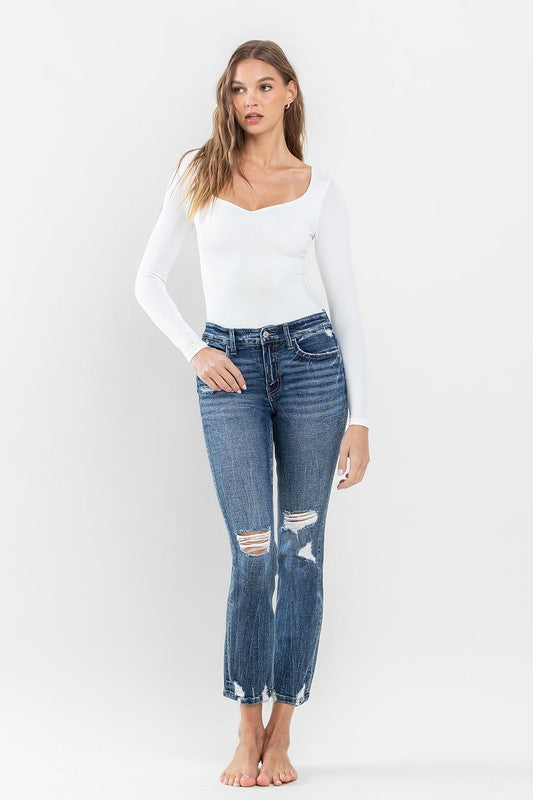 Mid Rise Distressed Crop Slim Straight Jeans Flying Monkey