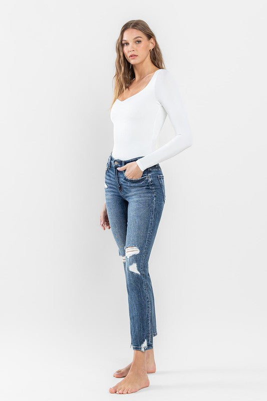 Mid Rise Distressed Crop Slim Straight Jeans Flying Monkey