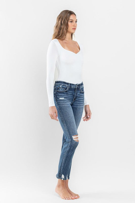 Mid Rise Distressed Crop Slim Straight Jeans Flying Monkey