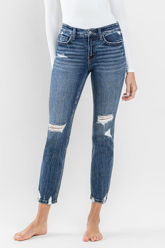 Mid Rise Distressed Crop Slim Straight Jeans Flying Monkey