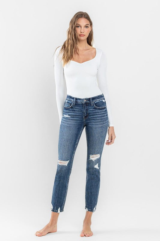 Mid Rise Distressed Crop Slim Straight Jeans Flying Monkey