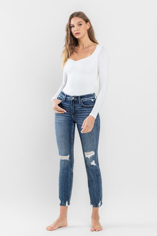 Mid Rise Distressed Crop Slim Straight Jeans Flying Monkey