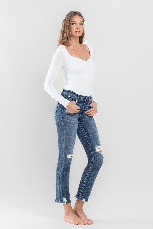 Mid Rise Distressed Crop Slim Straight Jeans Flying Monkey