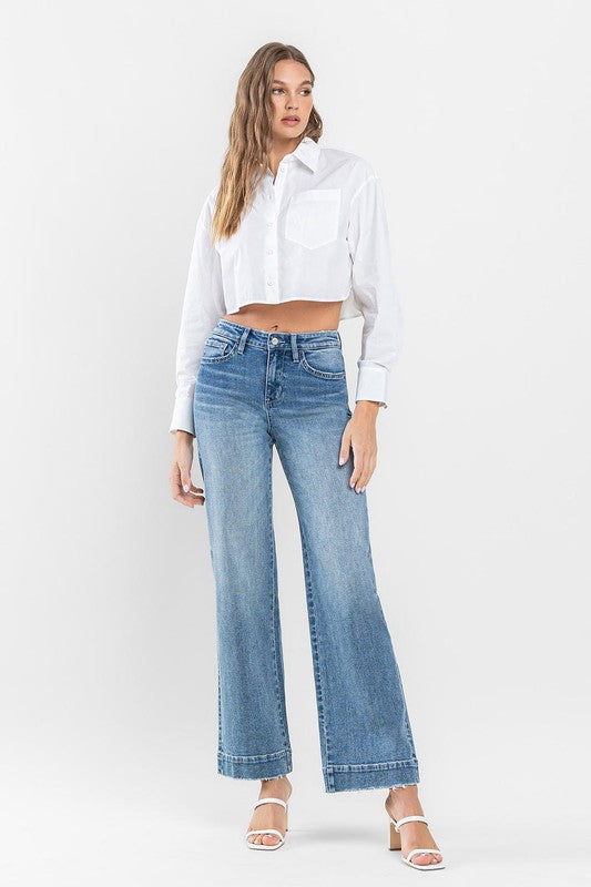 High Rise Wide Leg Jeans with Trouser Hem Detail Flying Monkey