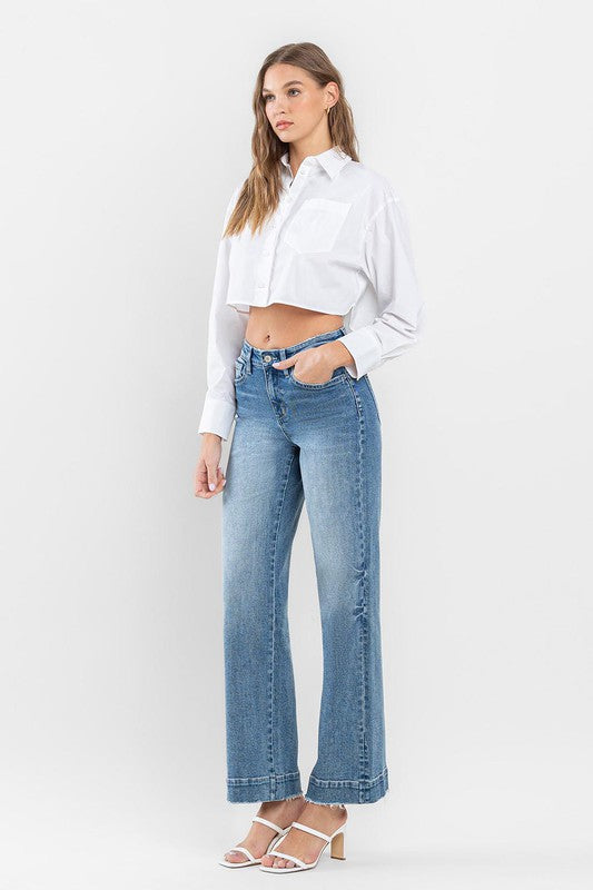 High Rise Wide Leg Jeans with Trouser Hem Detail Flying Monkey