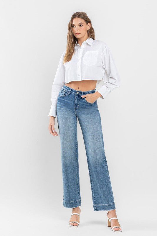 High Rise Wide Leg Jeans with Trouser Hem Detail Flying Monkey