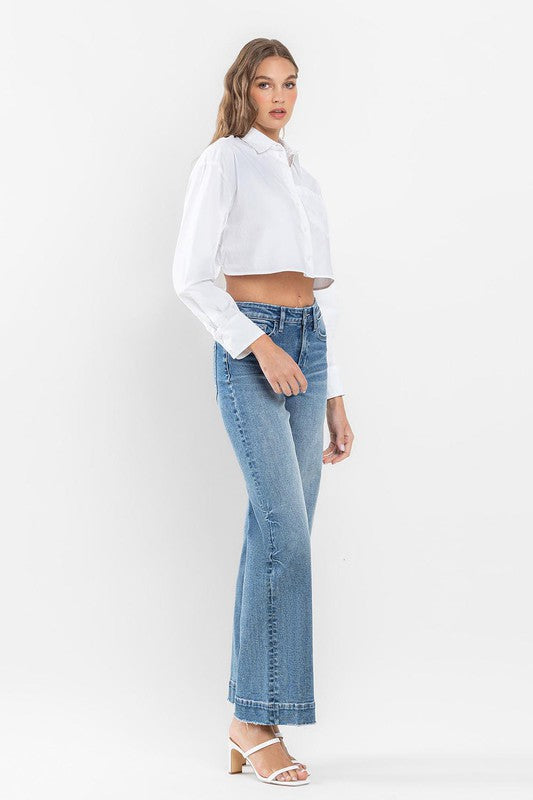 High Rise Wide Leg Jeans with Trouser Hem Detail Flying Monkey