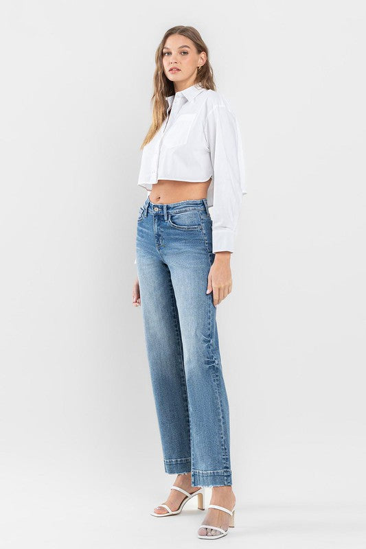 High Rise Wide Leg Jeans with Trouser Hem Detail Flying Monkey