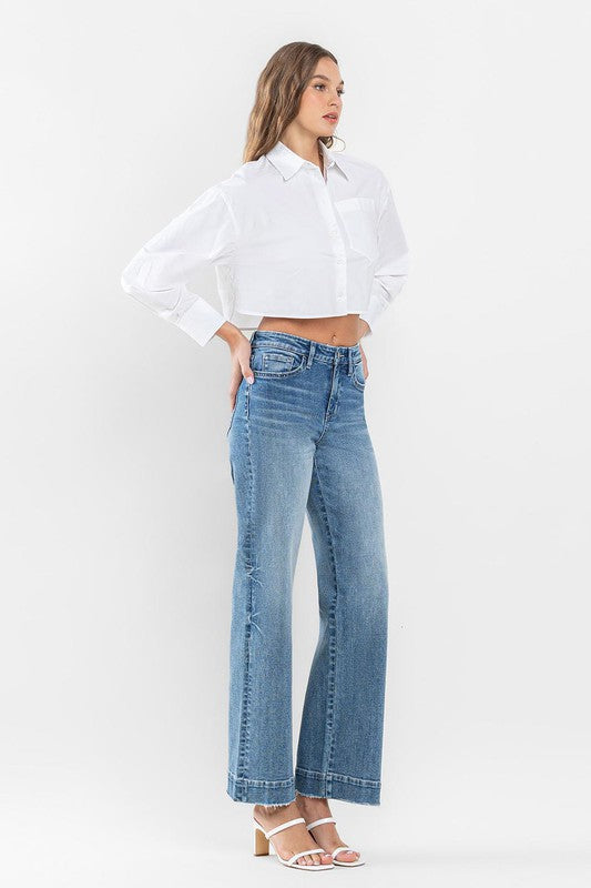 High Rise Wide Leg Jeans with Trouser Hem Detail Flying Monkey