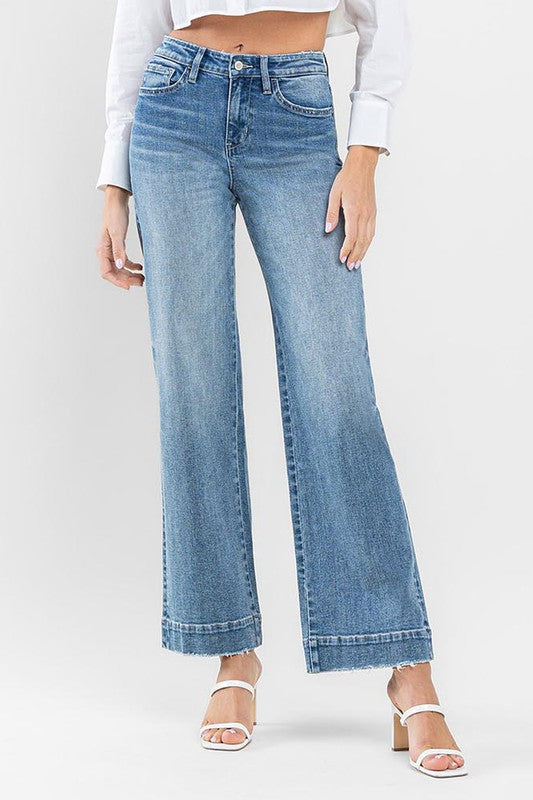 High Rise Wide Leg Jeans with Trouser Hem Detail Flying Monkey