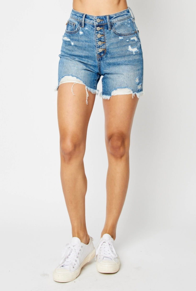 High Waisted Button Fly Distressed Shorts