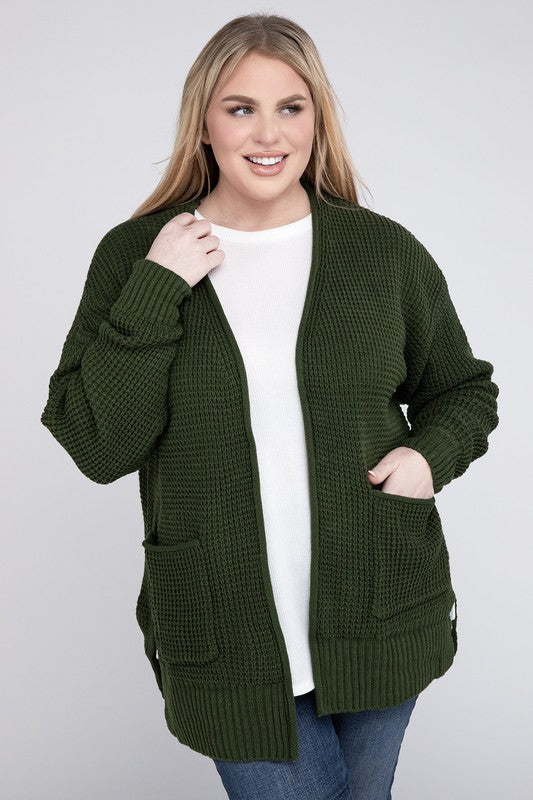 Plus Low Gauge Waffle Open Cardigan Sweater