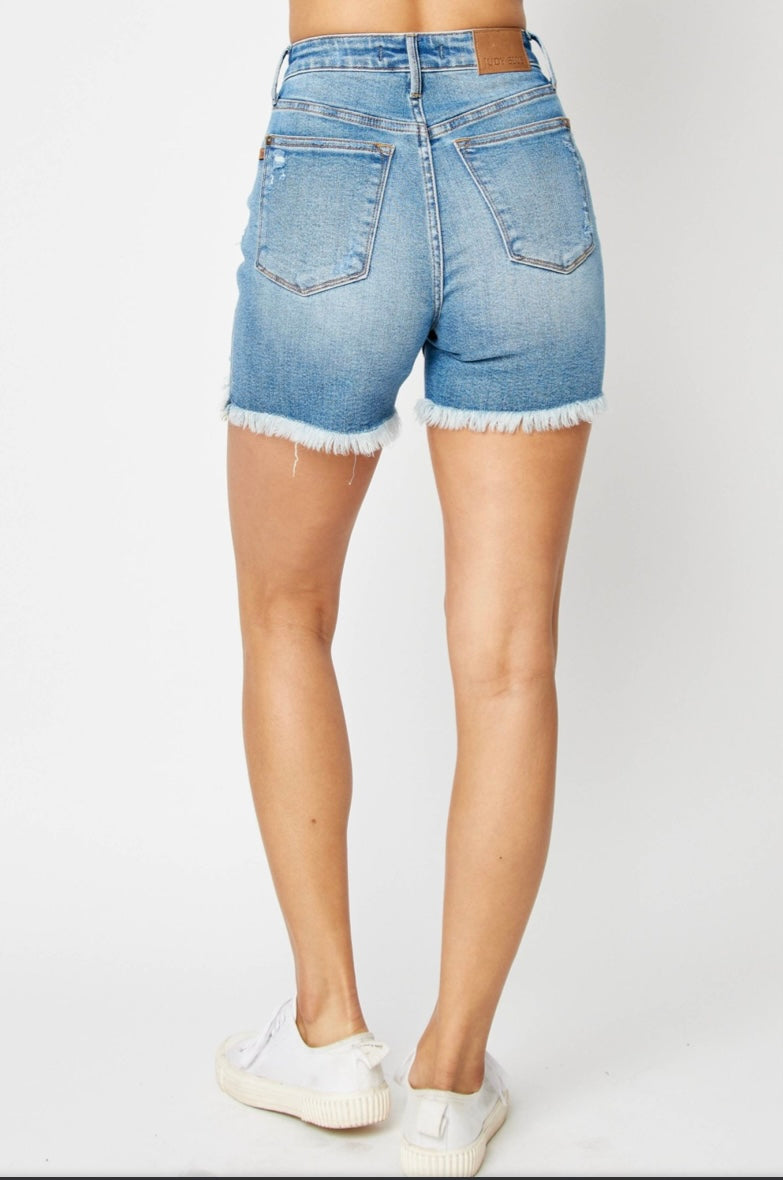 High Waisted Button Fly Distressed Shorts