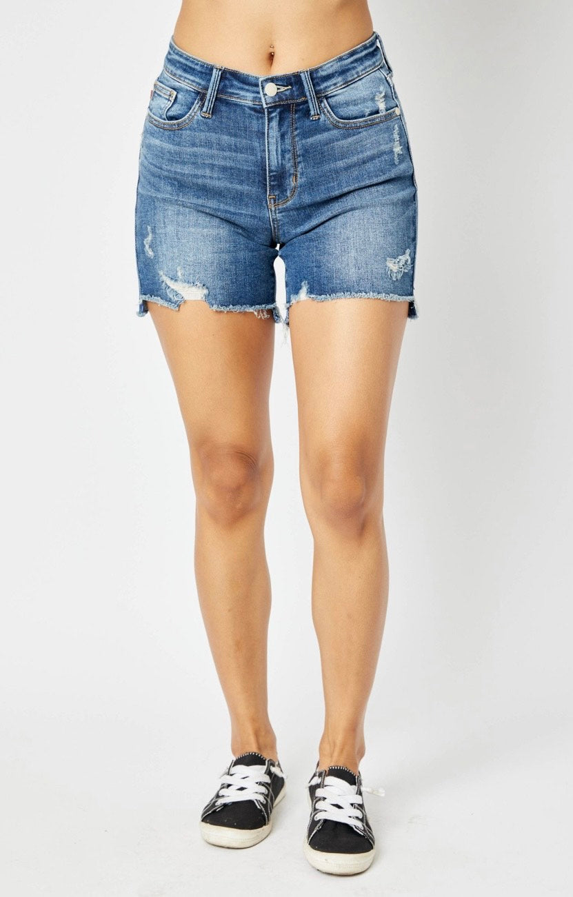 Mid-Rise High Low Denim Short