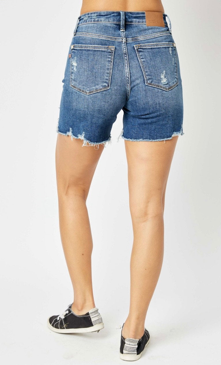 Mid-Rise High Low Denim Short