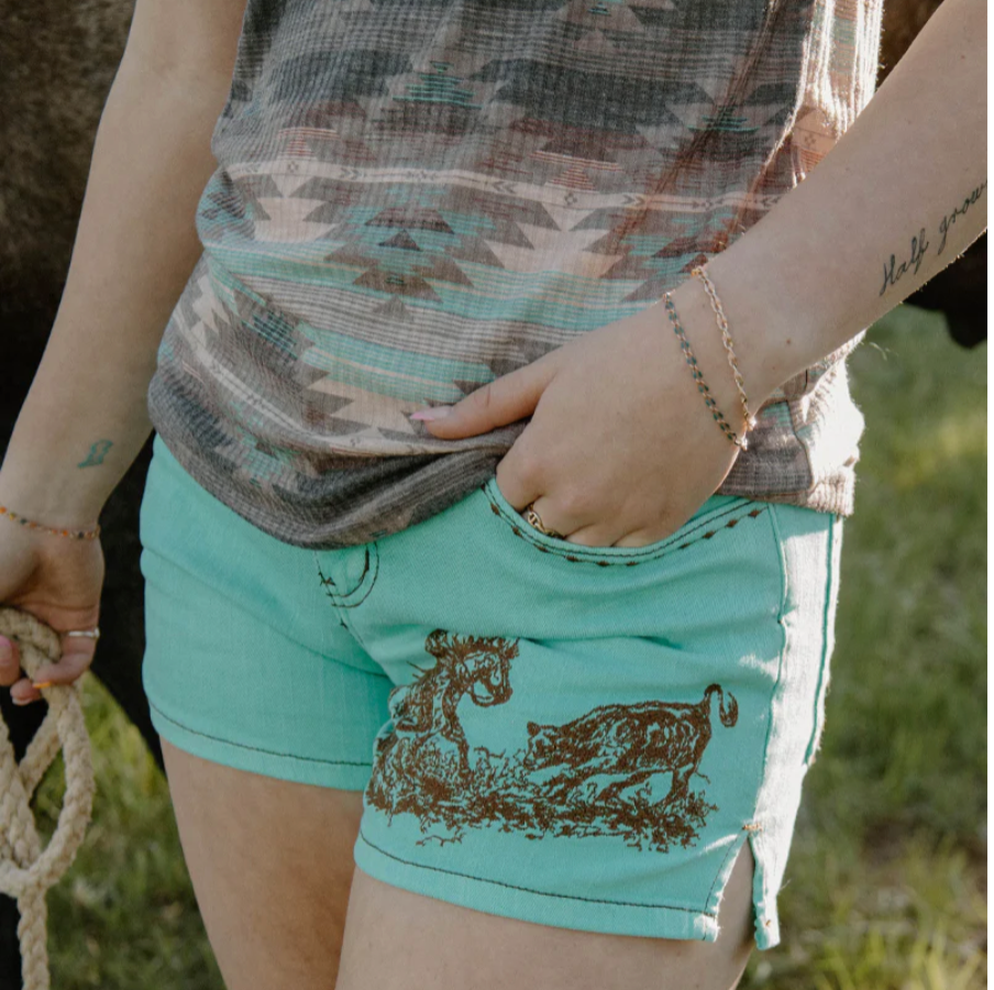 Turquoise Cowboy Cutter Shorts