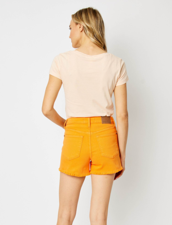 Mid Rise Orange Frayed Hem Shorts