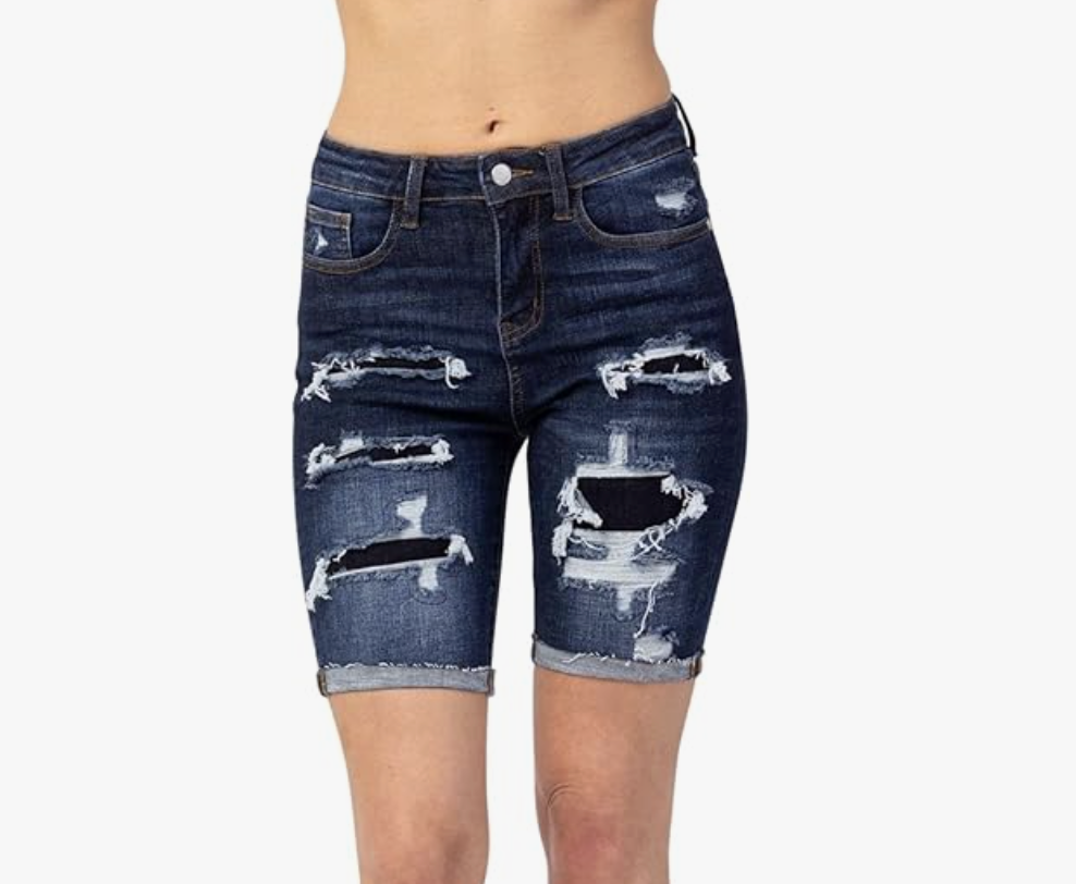 High Rise Patched Distressed Bermuda Shorts