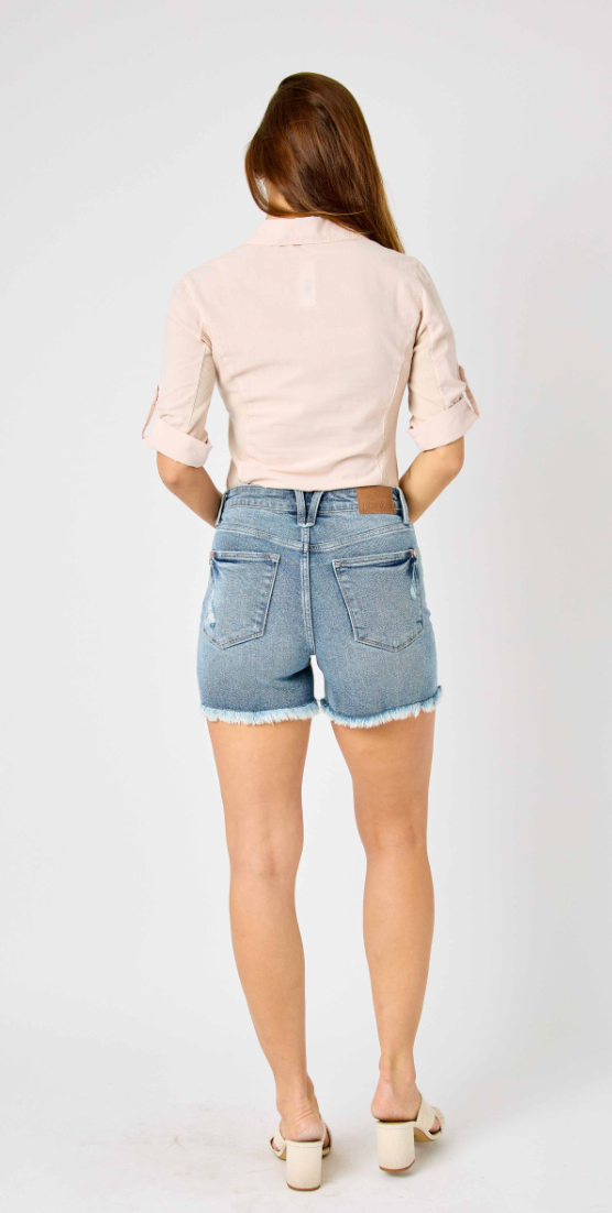 High Waist Button Fly Distressed Short