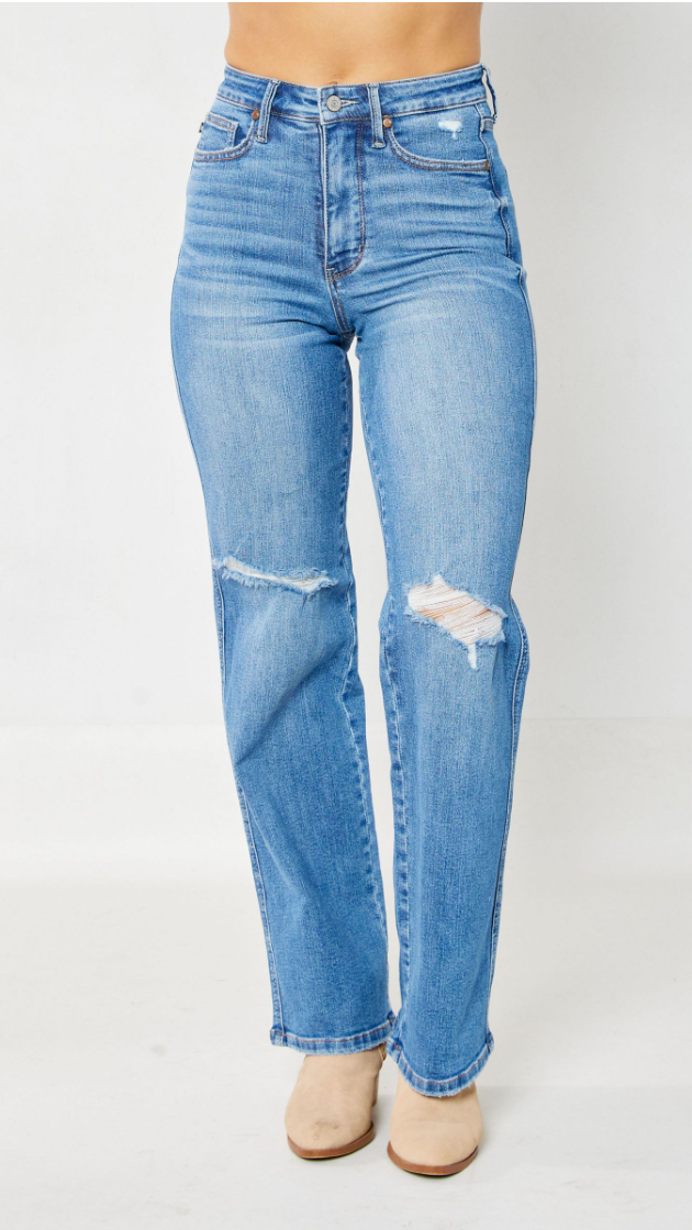 Tummy Control Distressed Knee Straight Jean