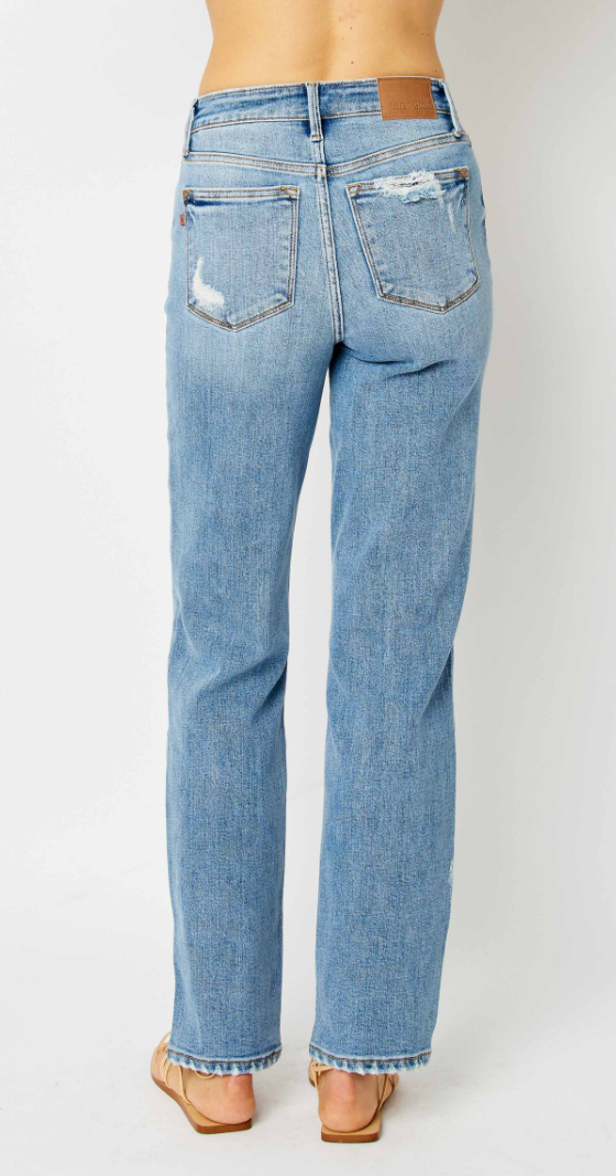 High Waist Distressed Straight Leg Jean