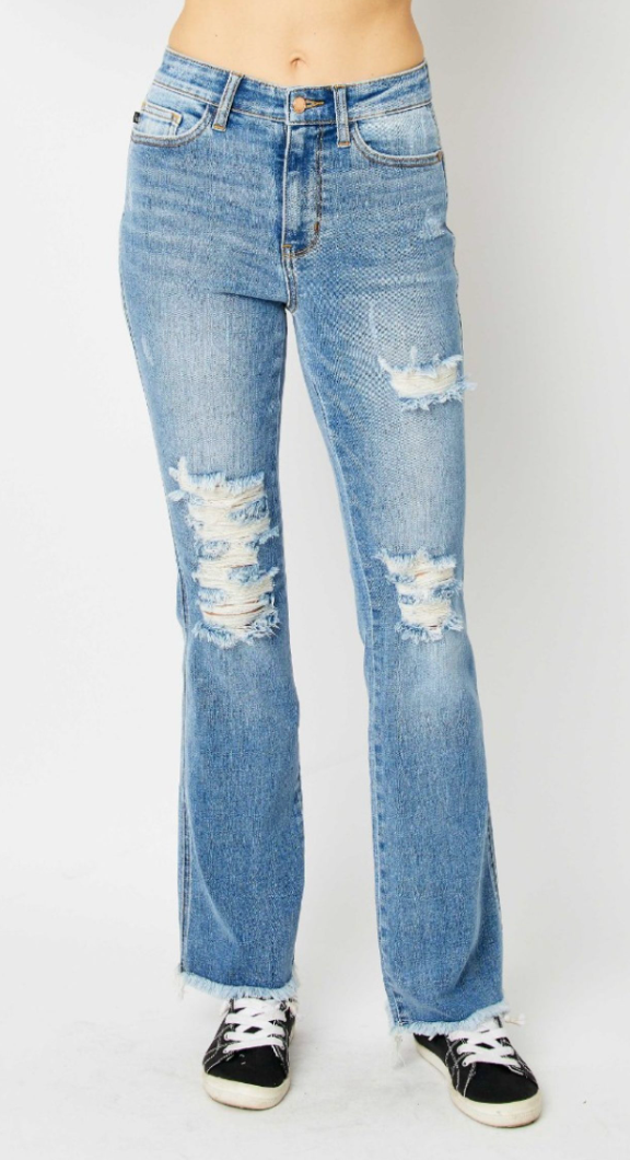 High Wait Distressed Bootcut Jean Judy Blue