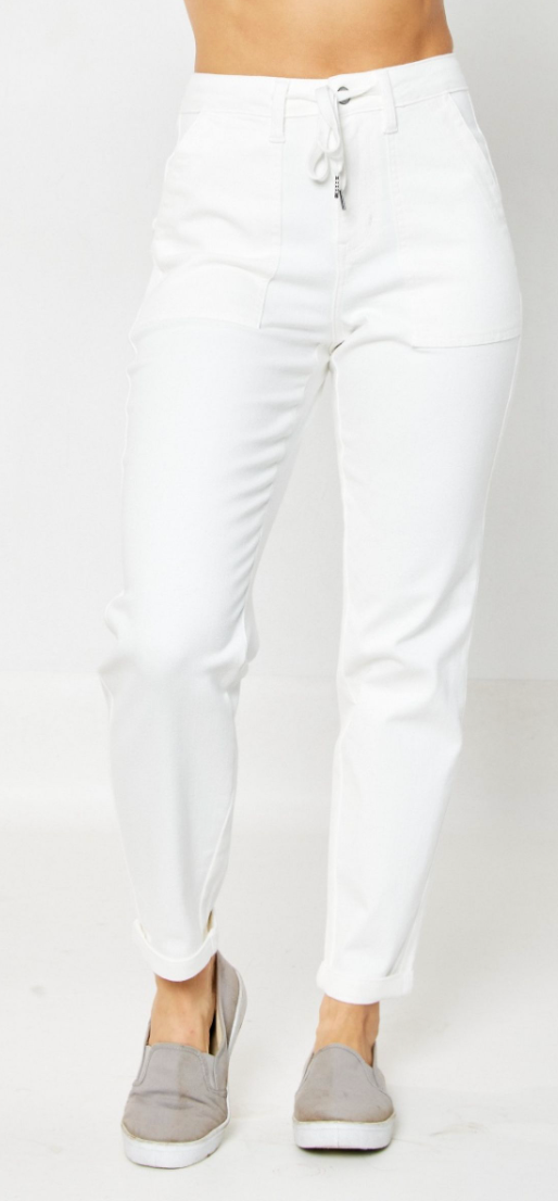 High Waist White Cuffed Jogger