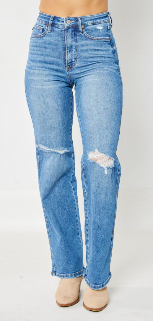 High Rise Distressed Knee Straight Leg Jean