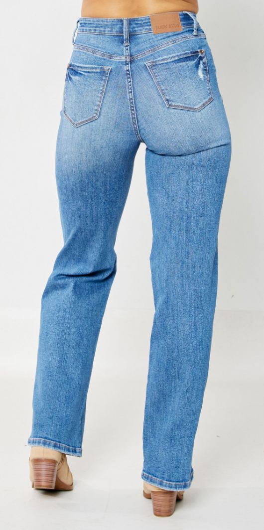 High Rise Distressed Knee Straight Leg Jean