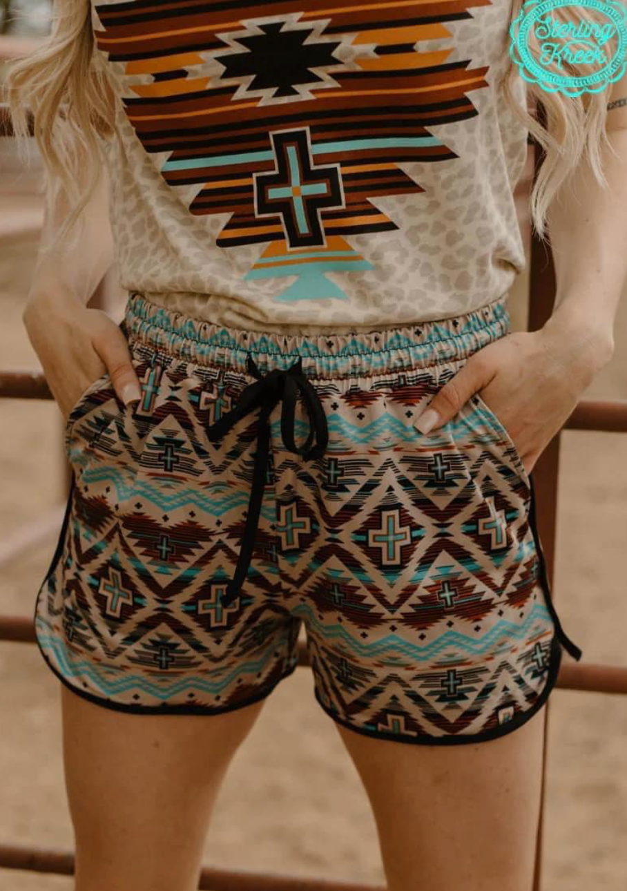 Tan and Blue Aztec Shorts