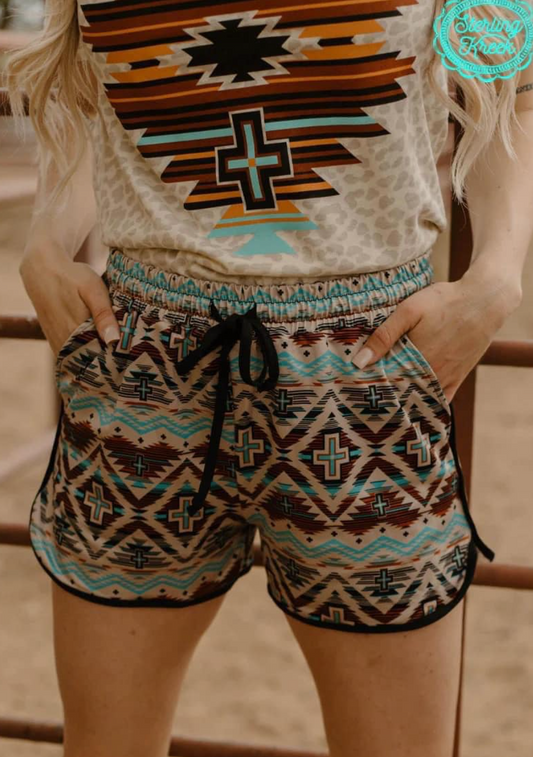 Tan and Blue Aztec Shorts