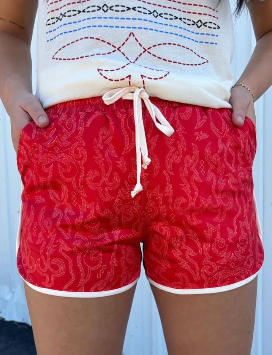 Red Western Print Shorts